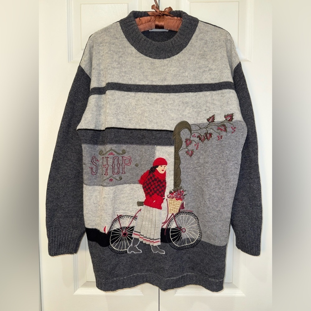 Odette Wool Embroidered Bicycle Sweater Women’s Large EU 44 Gray Vintage